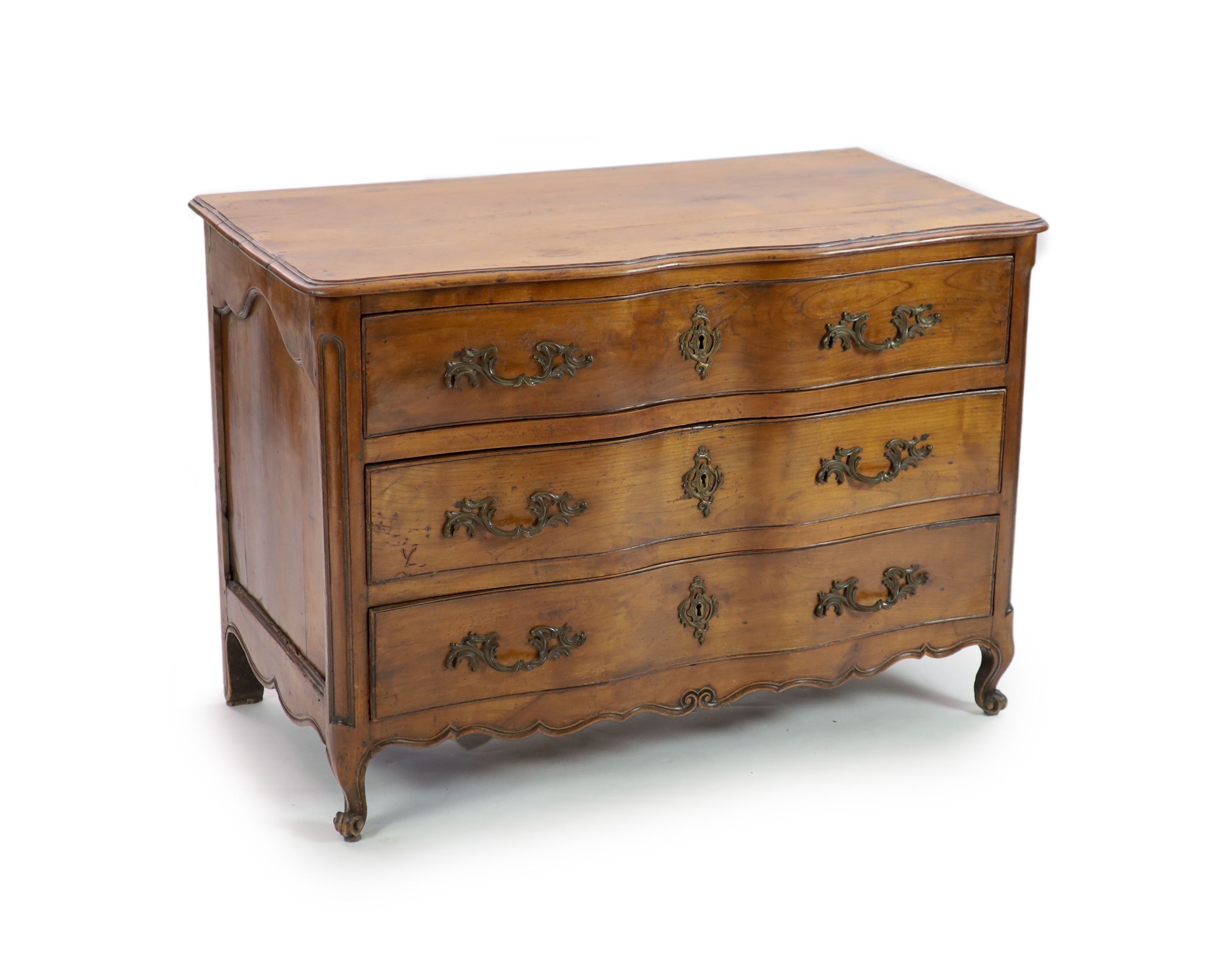 A Louis XV chestnut serpentine chest of three drawers, dated 1776, W.122cm D.63cm H.86cm